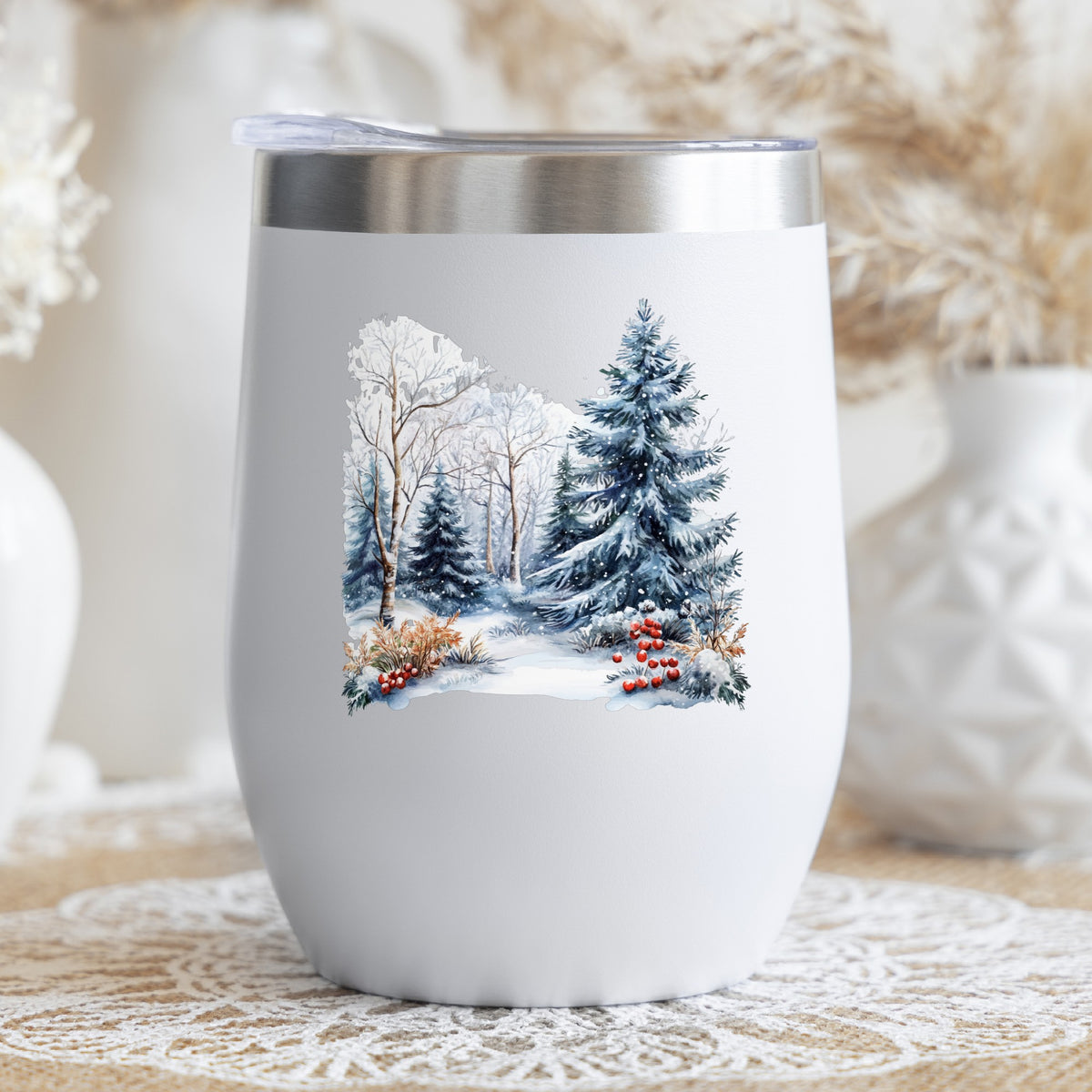 Blue Spruce Winter Forest UV DTF sticker applied to a stemless wine glass