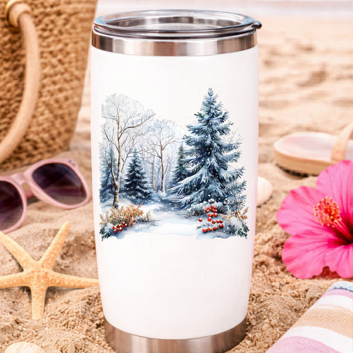 Blue Spruce Winter Forest UV DTF sticker applied to a water bottle at the beach