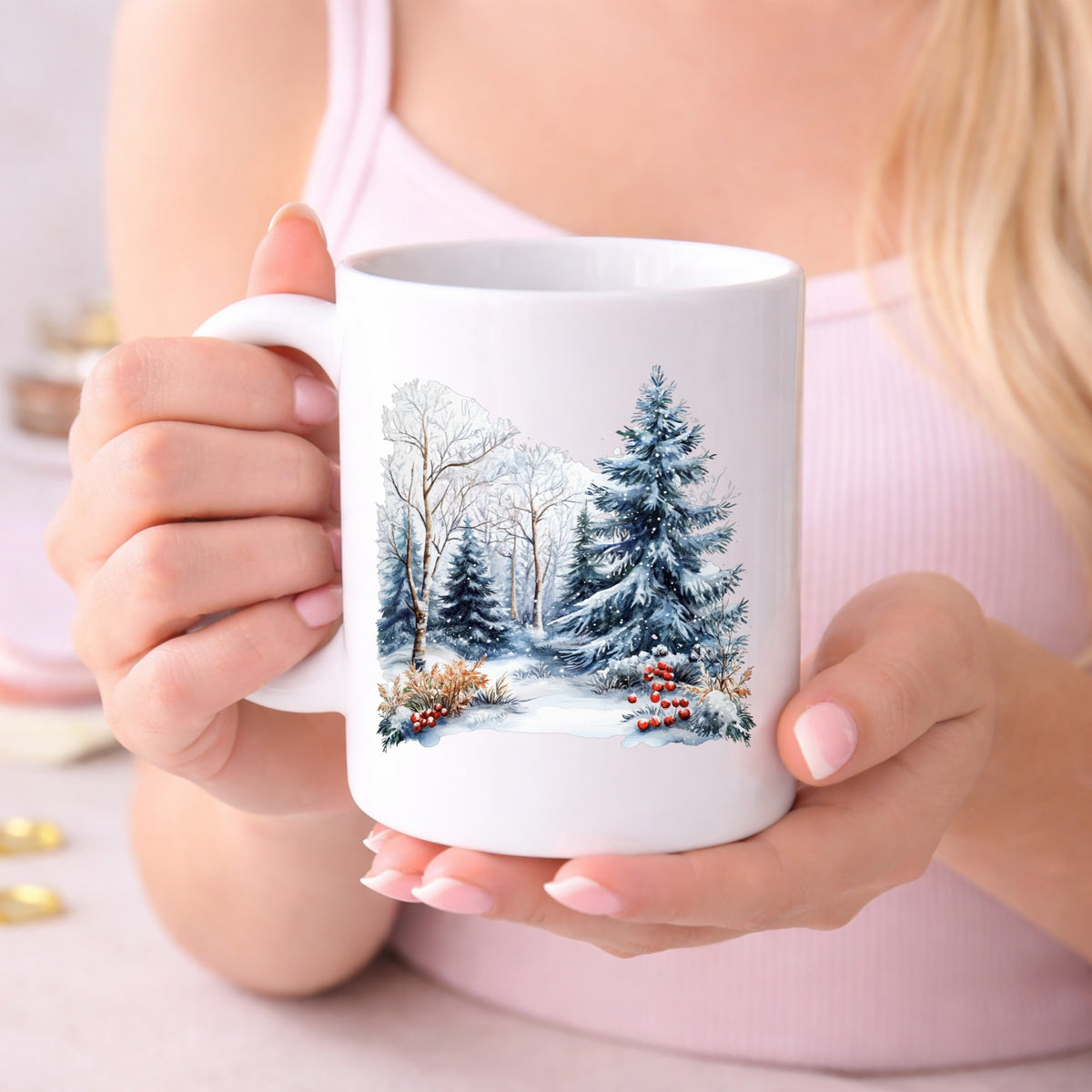 Blue Spruce Winter Forest UV DTF sticker displayed on a white coffee mug