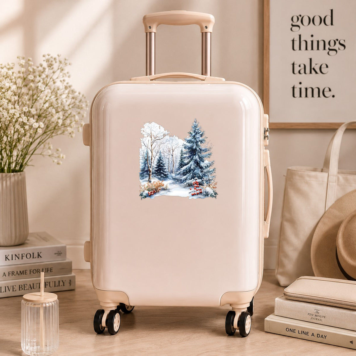 Blue Spruce Winter Forest UV DTF sticker applied to a neutral suitcase