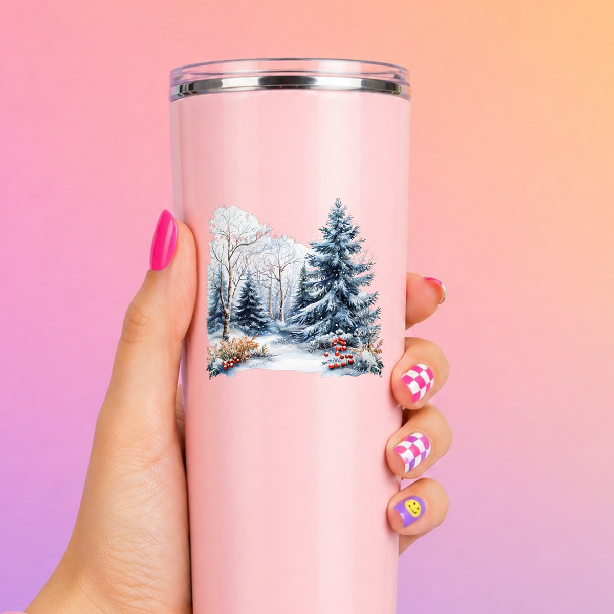 Blue Spruce Winter Forest UV DTF sticker applied to a pink tumbler