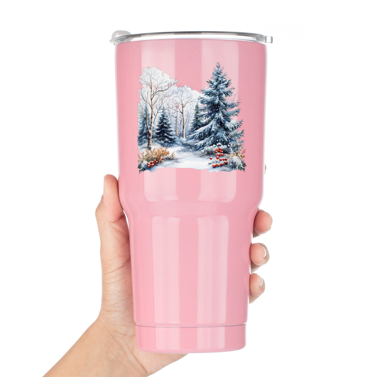 Blue Spruce Winter Forest UV DTF sticker applied to a pink tumbler