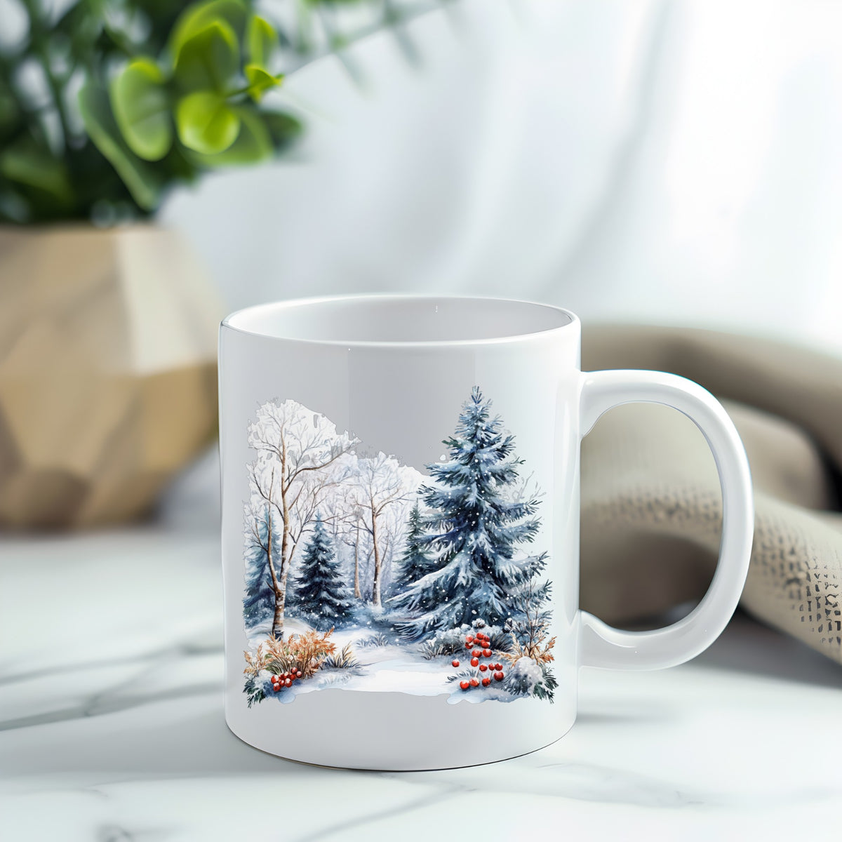 Blue Spruce Winter Forest UV DTF sticker applied to a white coffee mug