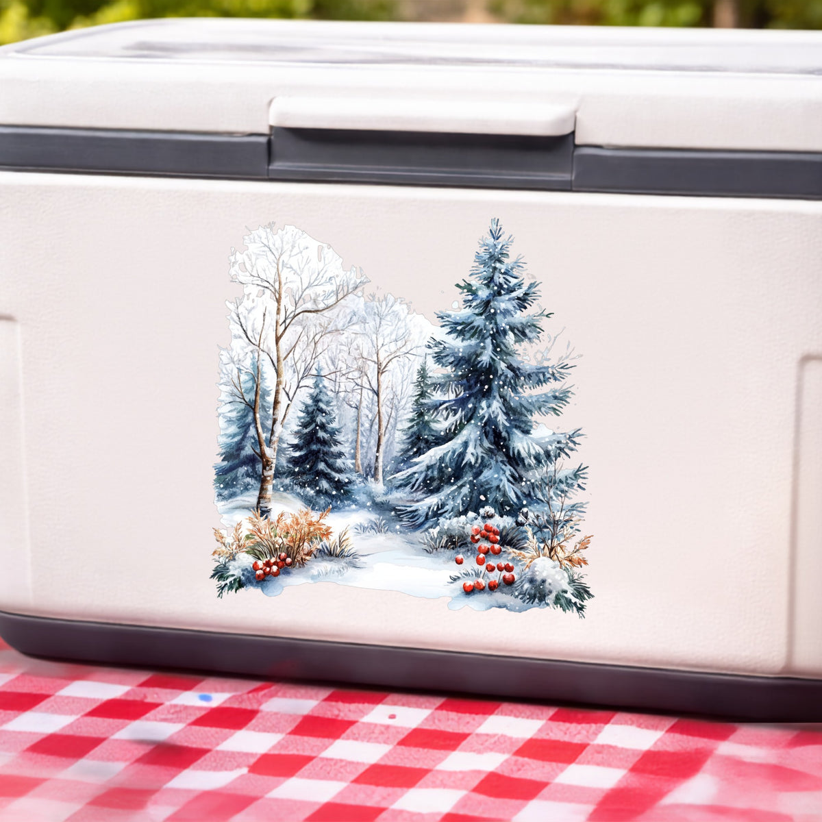 Blue Spruce Winter Forest UV DTF sticker applied to a white cooler