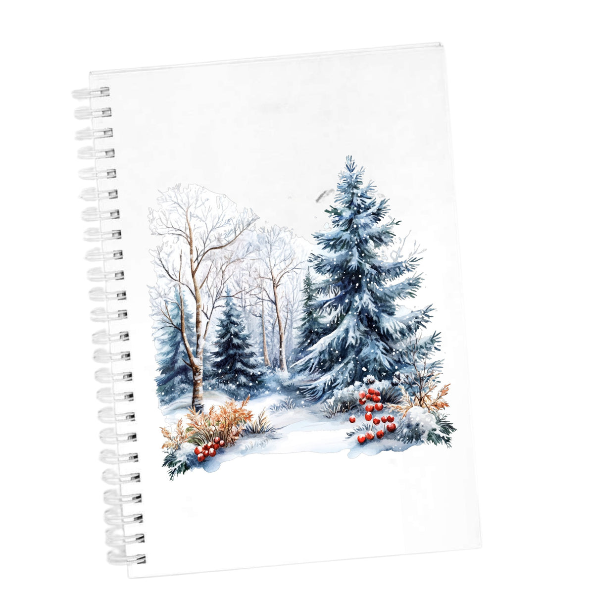 Blue Spruce Winter Forest UV DTF sticker applied to a white journal