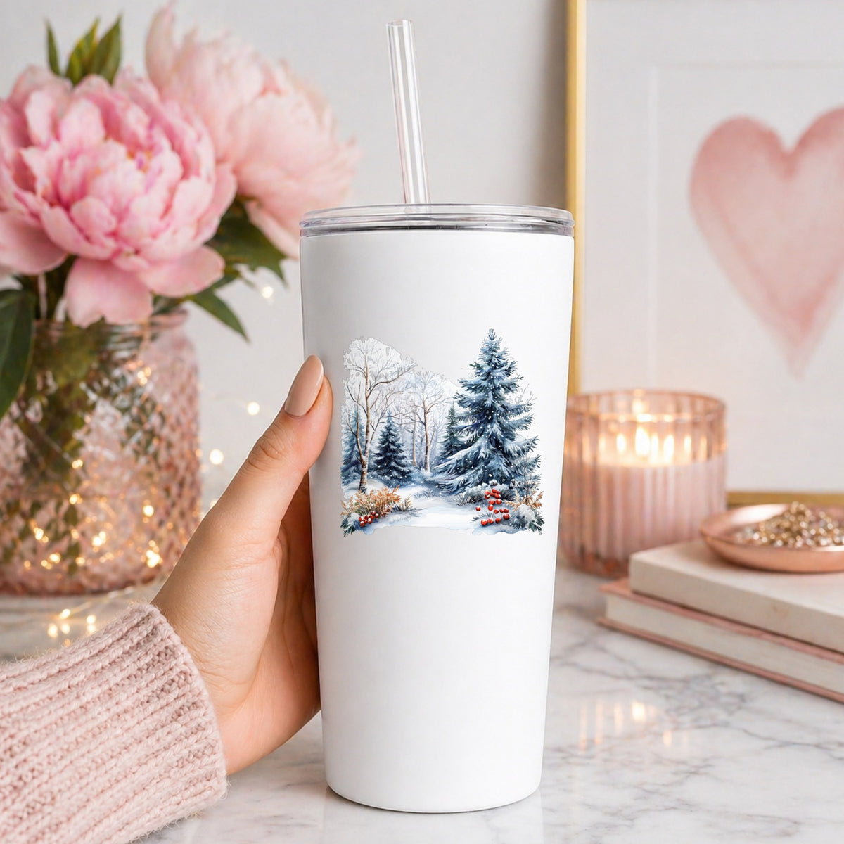 Blue Spruce Winter Forest UV DTF sticker applied to a white tumbler