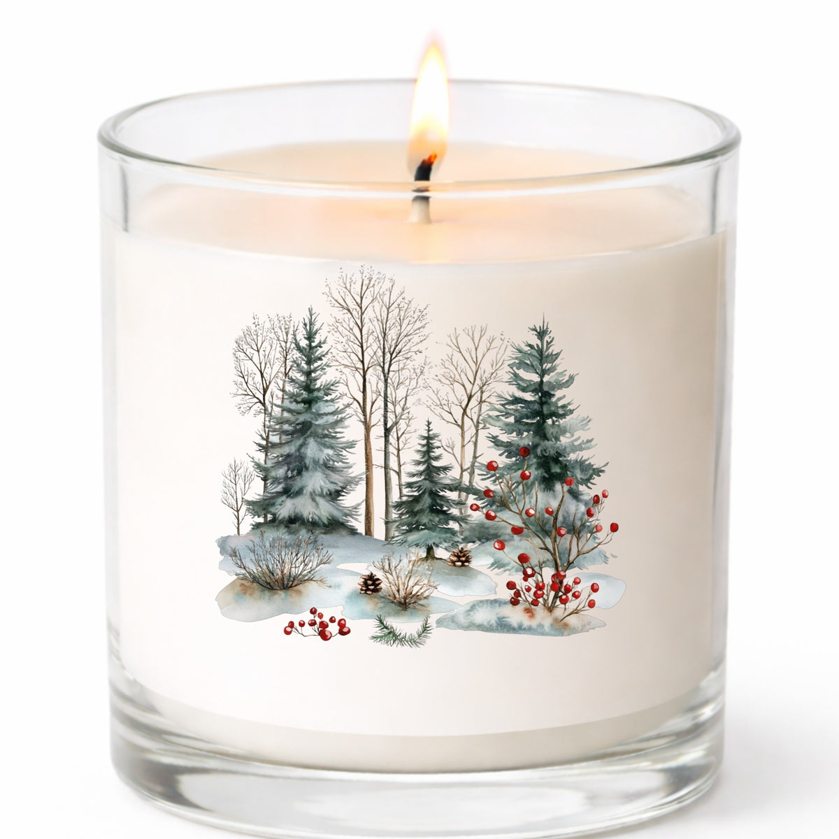 Red Berry Winter Woodland UV DTF sticker applied to a candle jar
