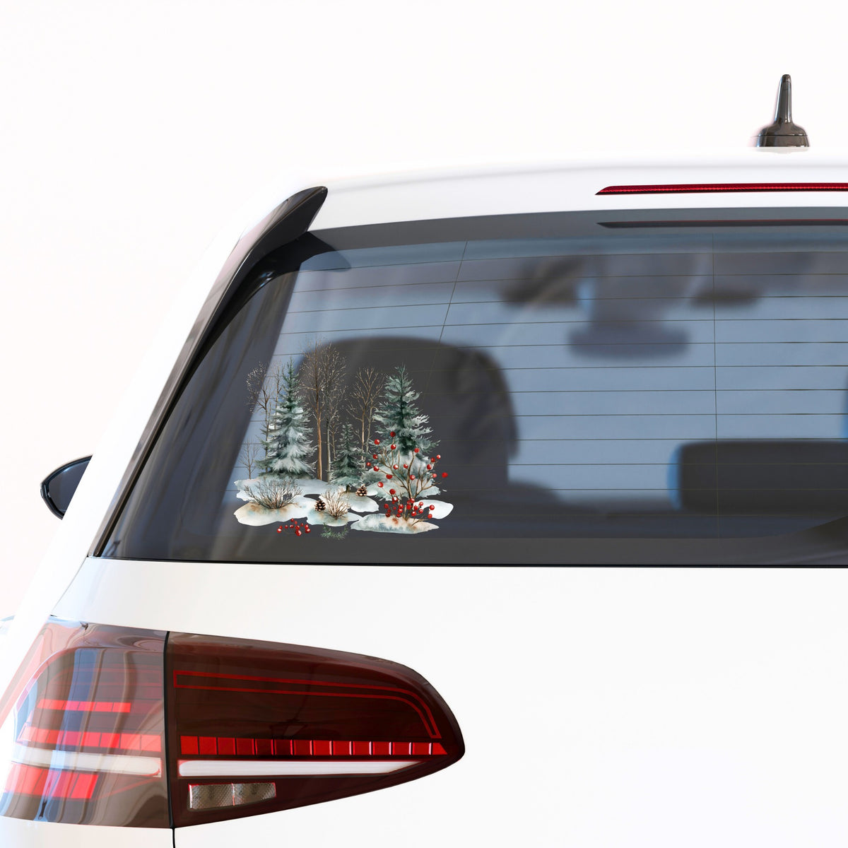 Red Berry Winter Woodland UV DTF sticker applied to a car window