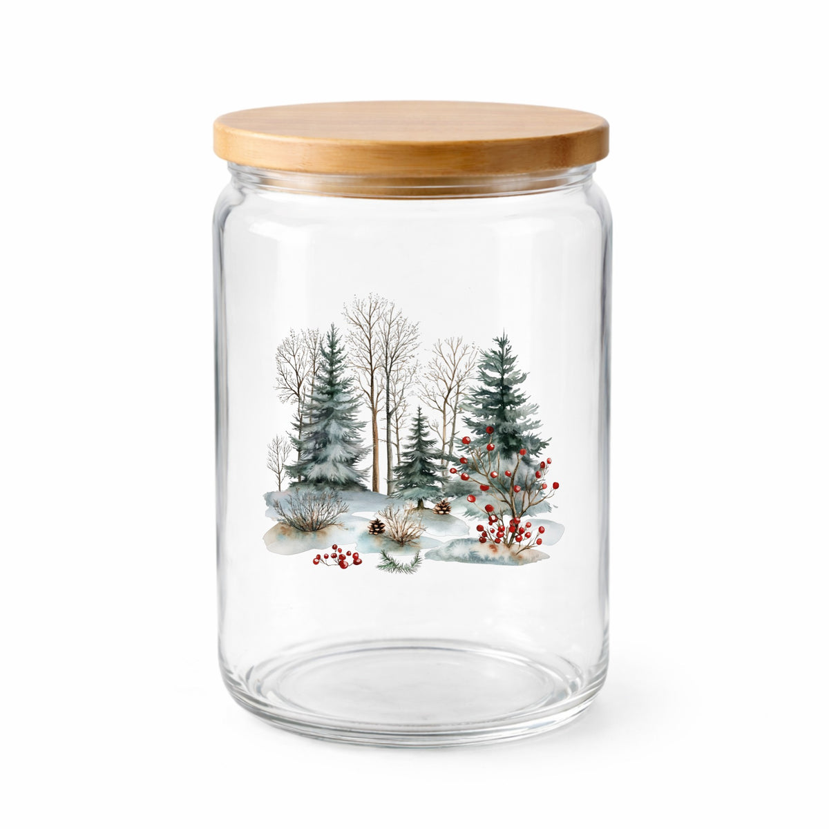 Red Berry Winter Woodland UV DTF sticker applied to a clear glass jar with lid