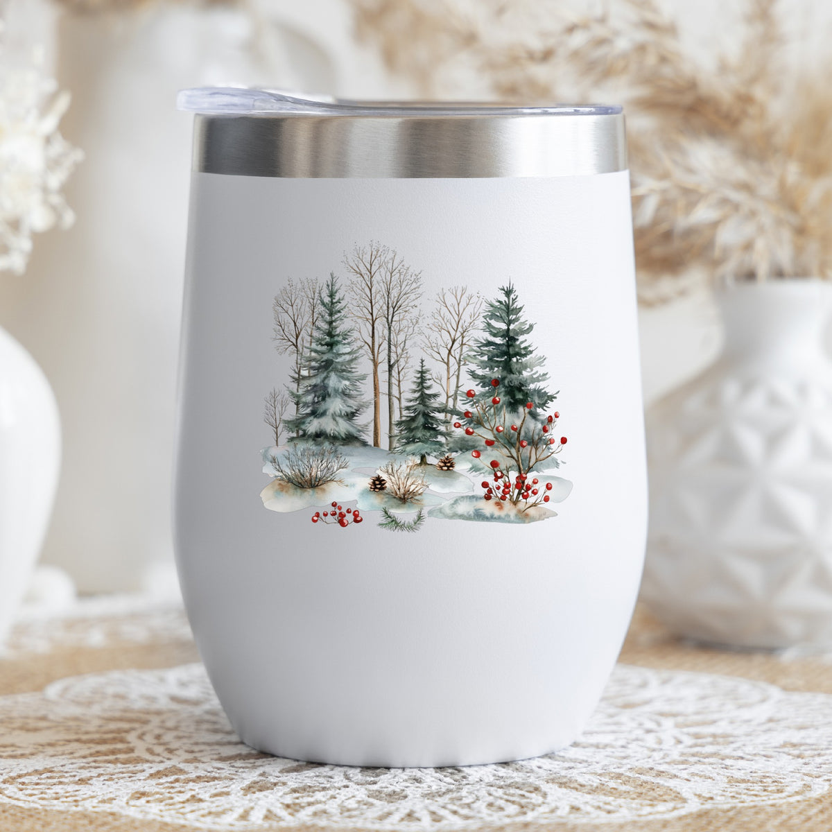 Red Berry Winter Woodland UV DTF sticker applied to a stemless wine glass
