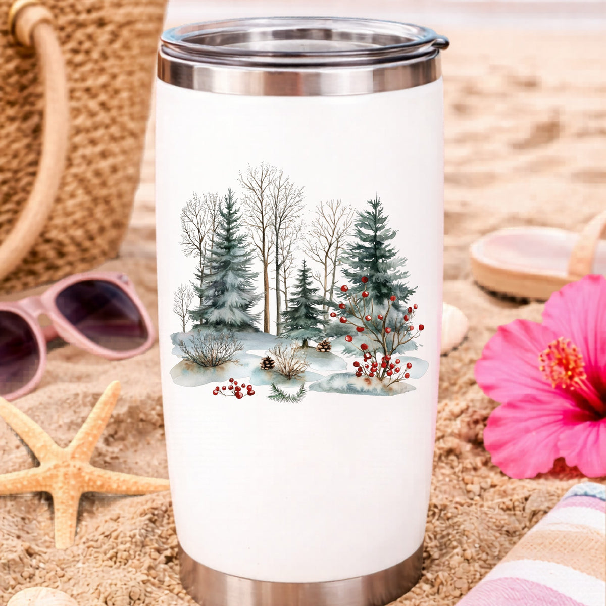 Red Berry Winter Woodland UV DTF sticker applied to a water bottle at the beach
