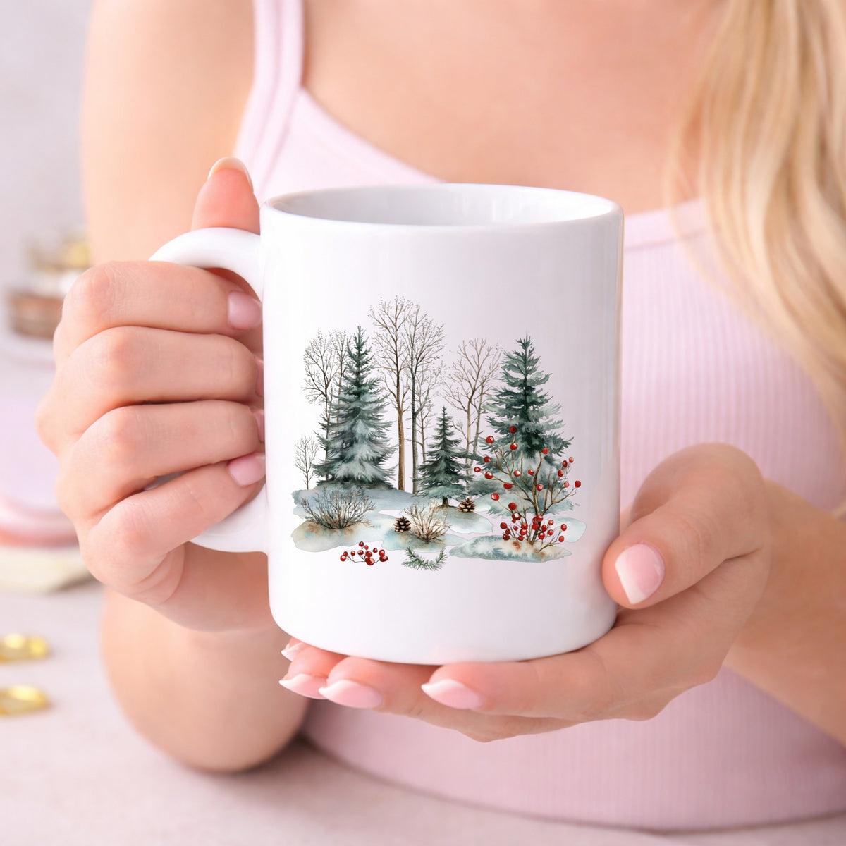Red Berry Winter Woodland UV DTF sticker displayed on a white coffee mug