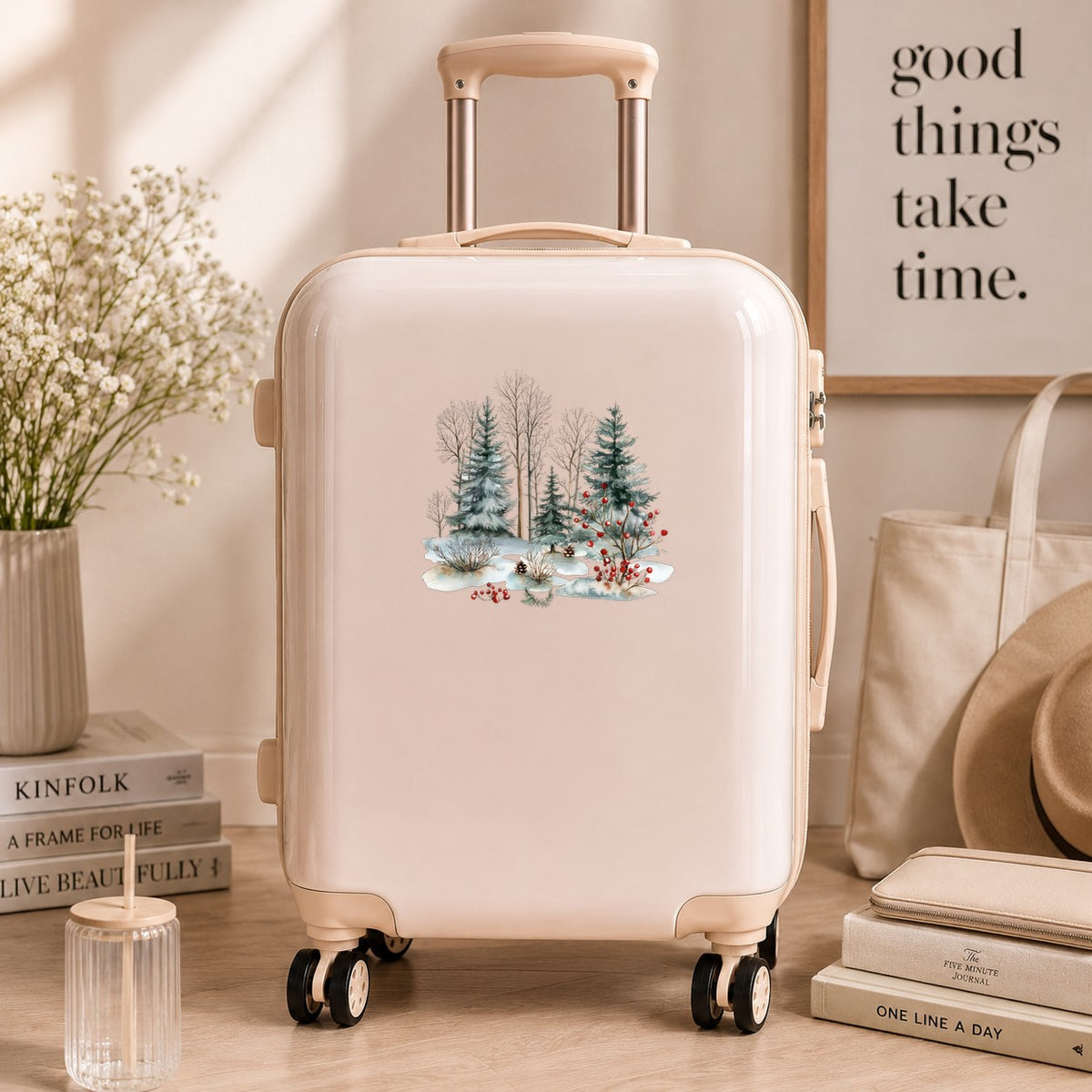 Red Berry Winter Woodland UV DTF sticker applied to a neutral suitcase