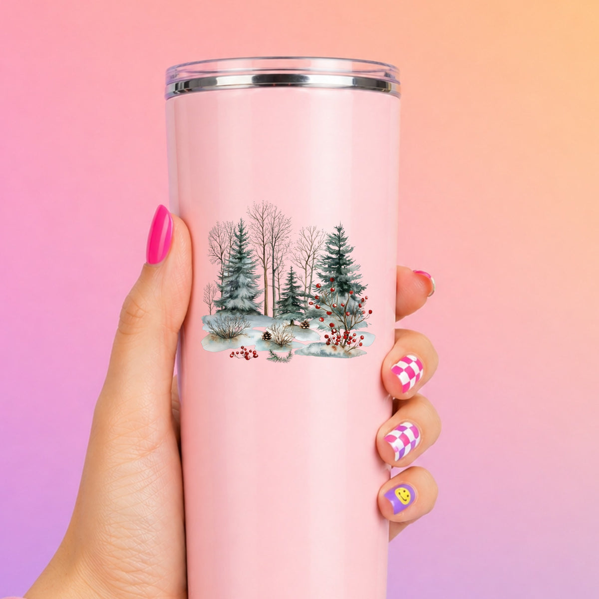 Red Berry Winter Woodland UV DTF sticker applied to a pink tumbler