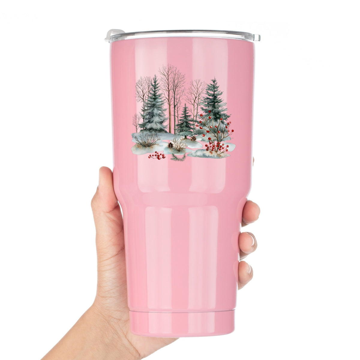 Red Berry Winter Woodland UV DTF sticker applied to a pink tumbler