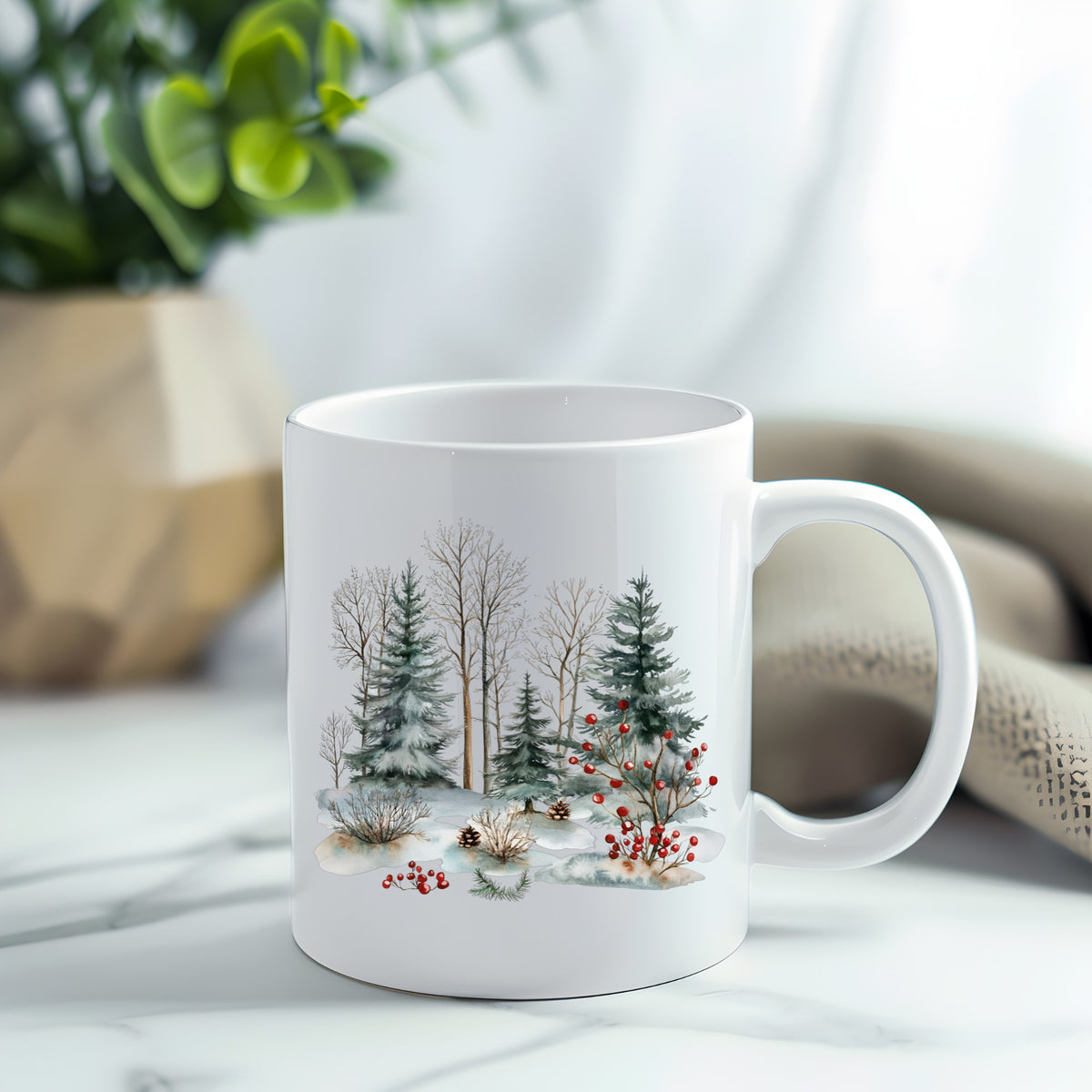 Red Berry Winter Woodland UV DTF sticker applied to a white coffee mug