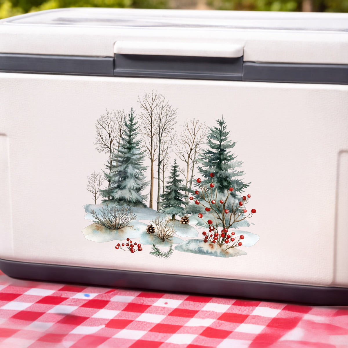 Red Berry Winter Woodland UV DTF sticker applied to a white cooler