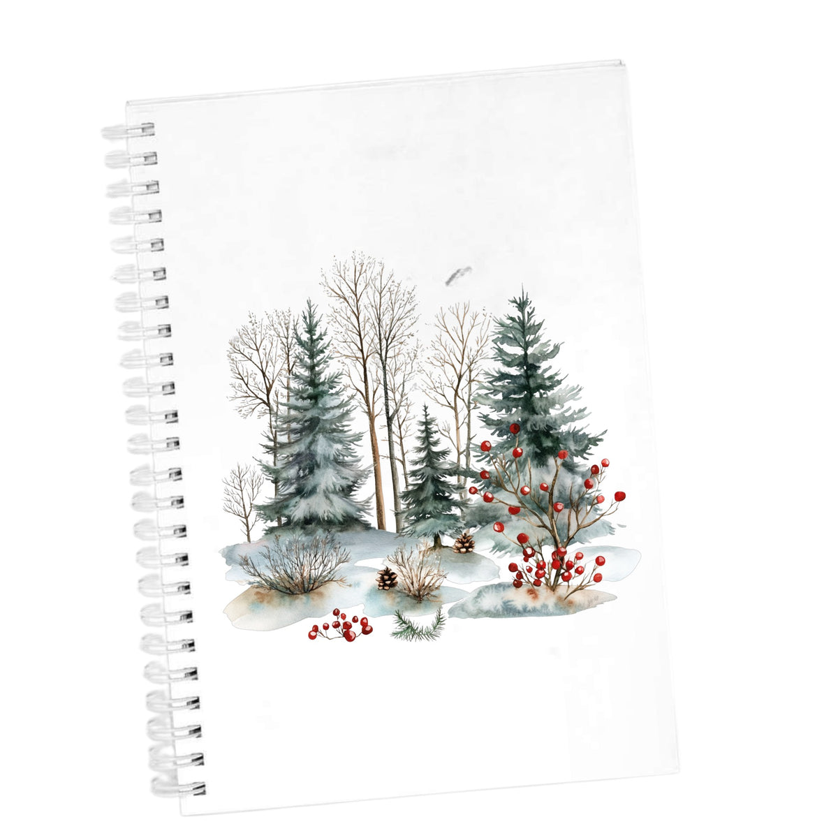 Red Berry Winter Woodland UV DTF sticker applied to a white journal
