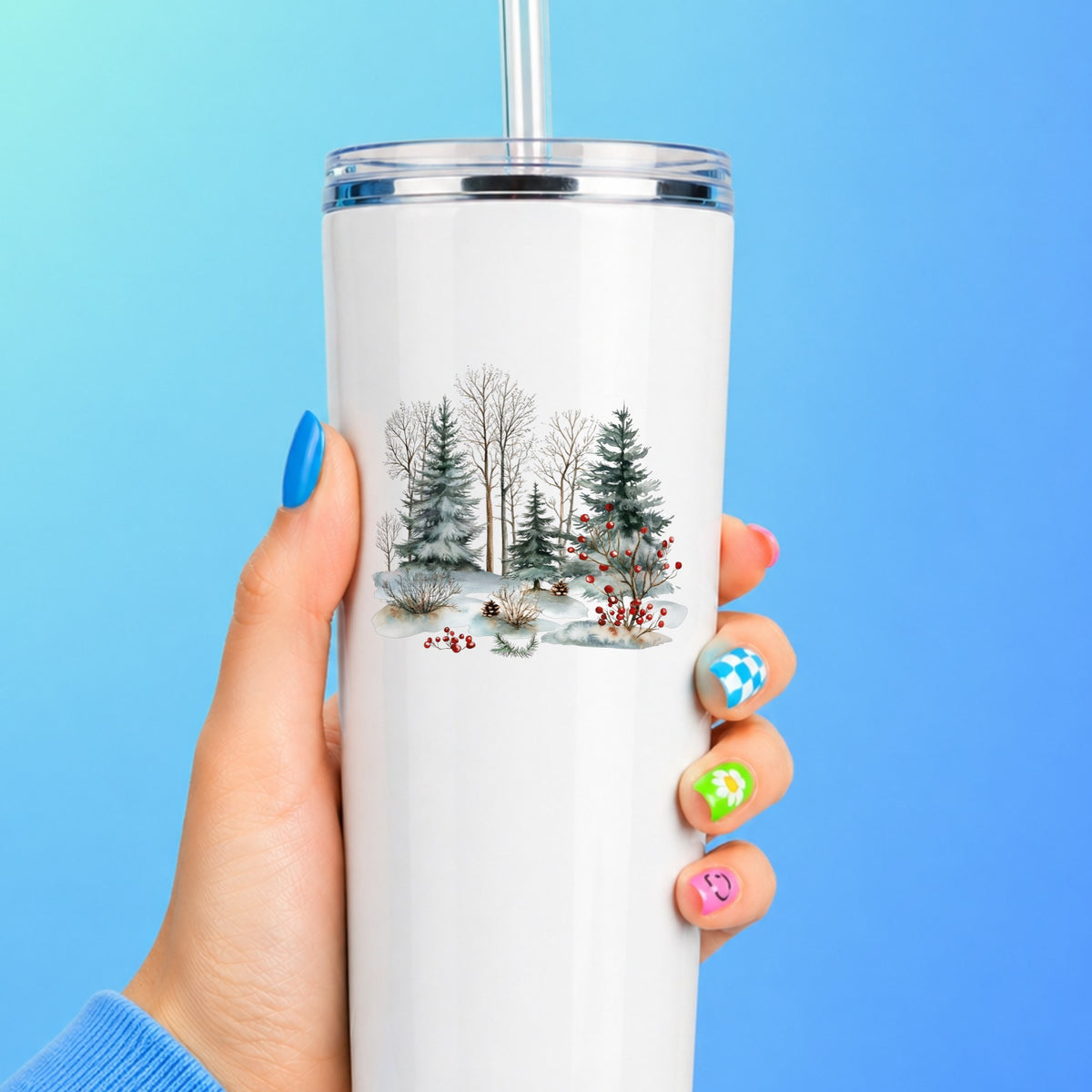 Red Berry Winter Woodland UV DTF sticker applied to a white tumbler