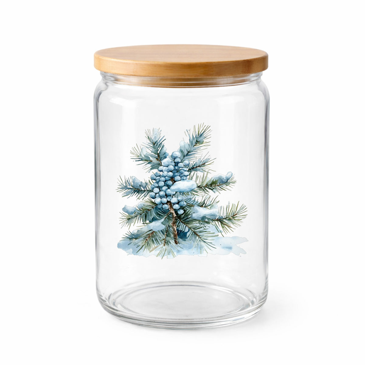 Juniper Berry Branch UV DTF sticker applied to a clear glass jar with lid