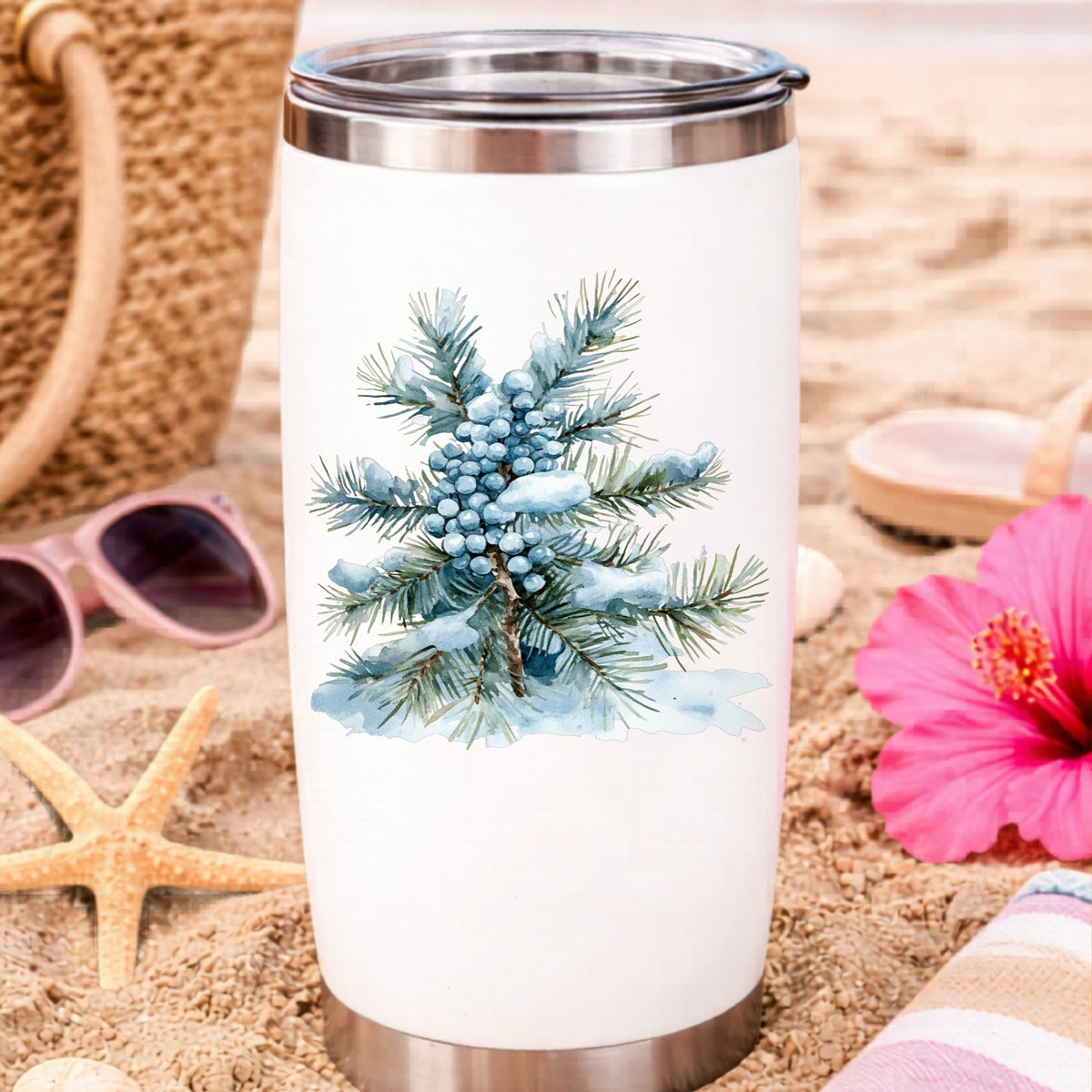 Juniper Berry Branch UV DTF sticker applied to a water bottle at the beach