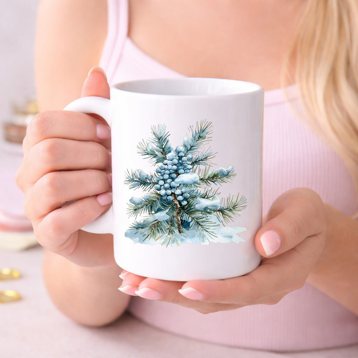 Juniper Berry Branch UV DTF sticker displayed on a white coffee mug