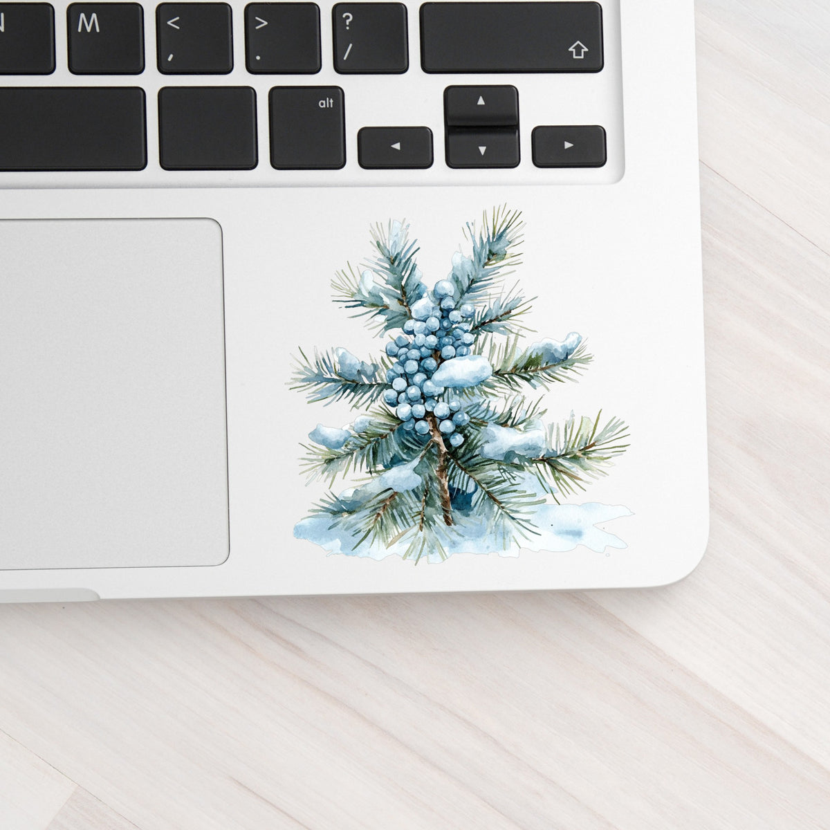 Juniper Berry Branch UV DTF sticker applied to a laptop beside the keyboard