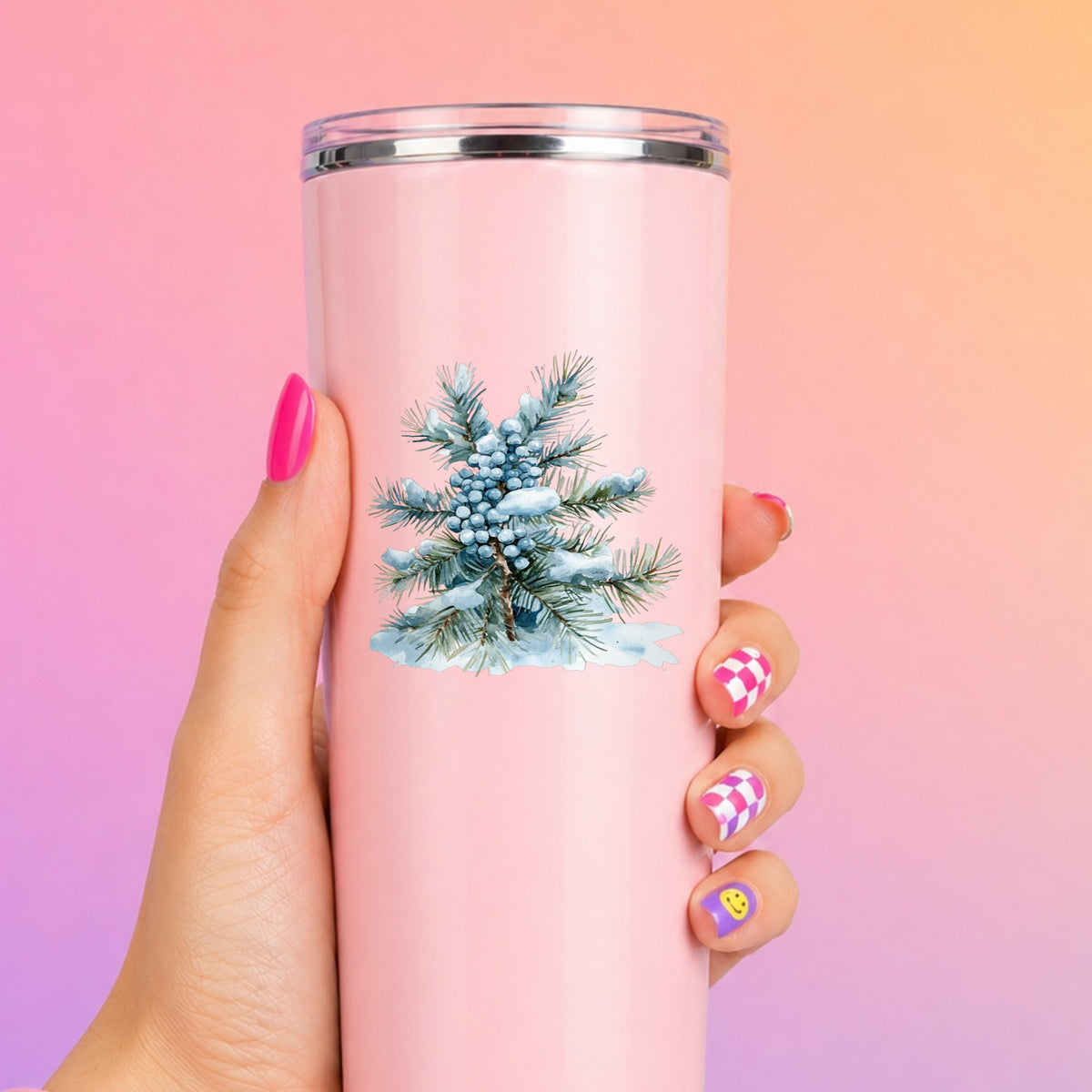 Juniper Berry Branch UV DTF sticker applied to a pink tumbler