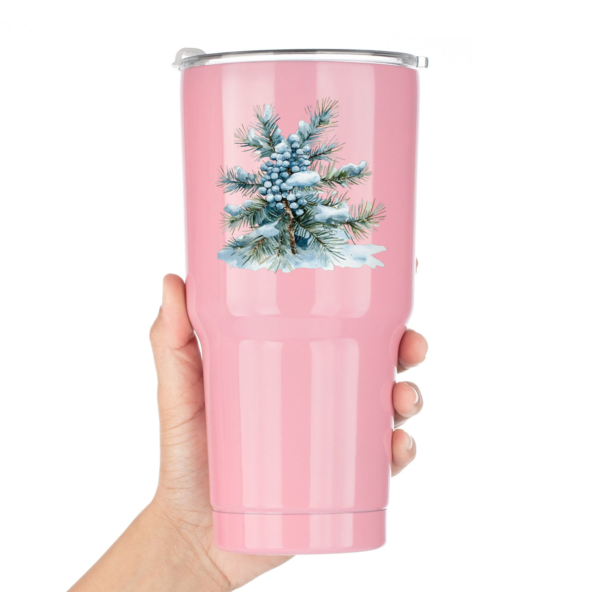 Juniper Berry Branch UV DTF sticker applied to a pink tumbler