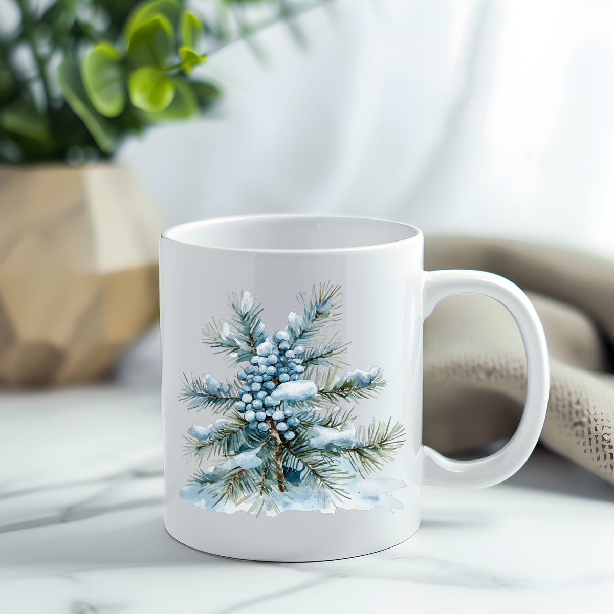 Juniper Berry Branch UV DTF sticker applied to a white coffee mug