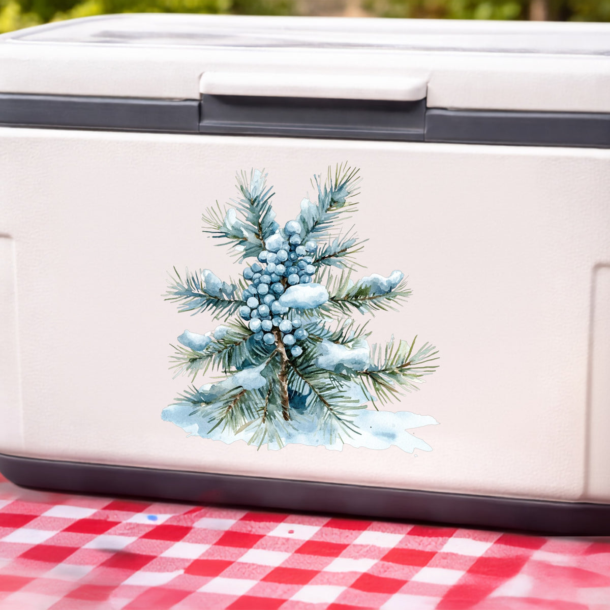 Juniper Berry Branch UV DTF sticker applied to a white cooler