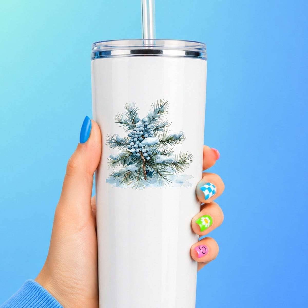 Juniper Berry Branch UV DTF sticker applied to a white tumbler