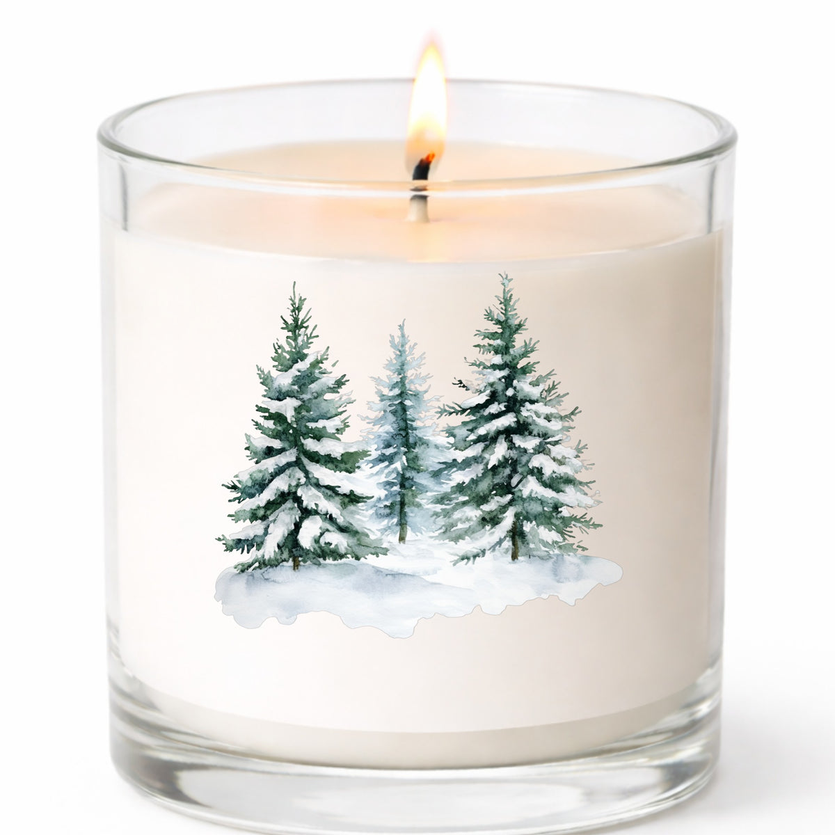 Three Snowy Pine Trees UV DTF sticker applied to a candle jar