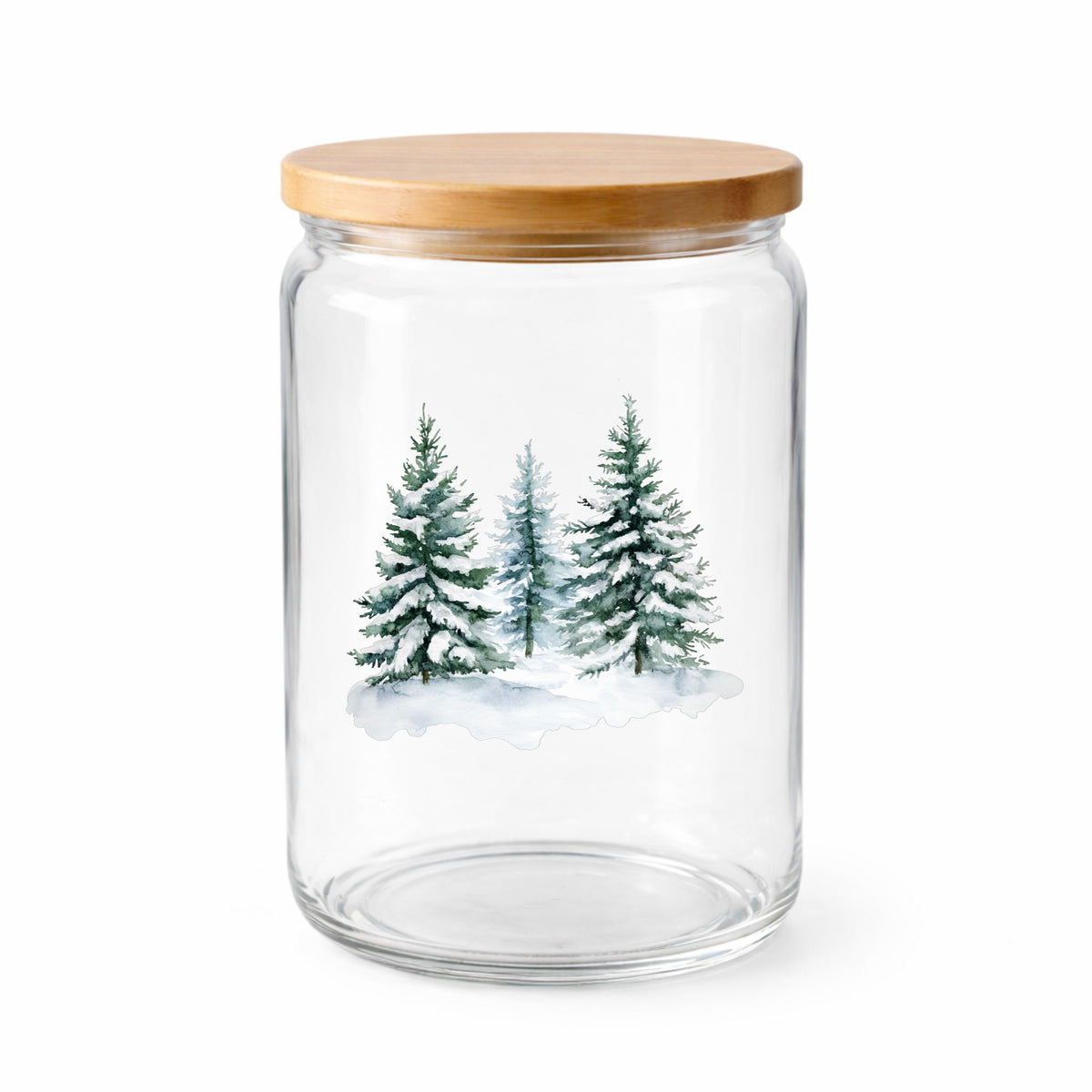Three Snowy Pine Trees UV DTF sticker applied to a clear glass jar with lid