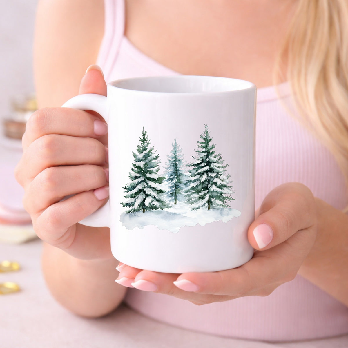 Three Snowy Pine Trees UV DTF sticker displayed on a white coffee mug