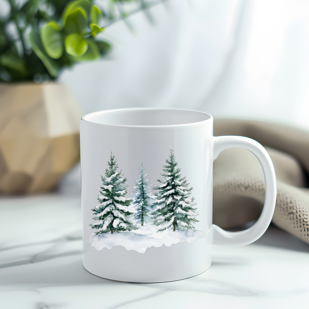 Three Snowy Pine Trees UV DTF sticker applied to a white coffee mug