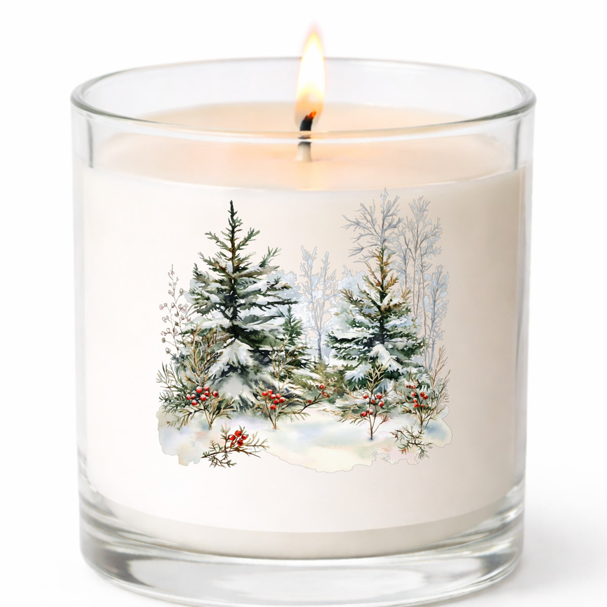 Winter Pine Trees With Berries UV DTF sticker applied to a candle jar