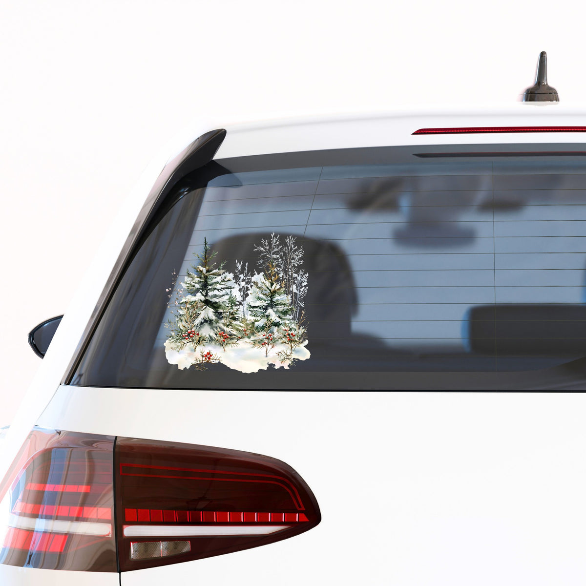 Winter Pine Trees With Berries UV DTF sticker applied to a car window