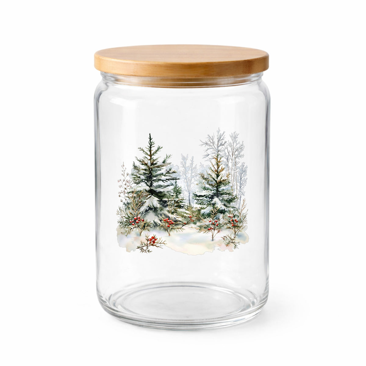 Winter Pine Trees With Berries UV DTF sticker applied to a clear glass jar with lid