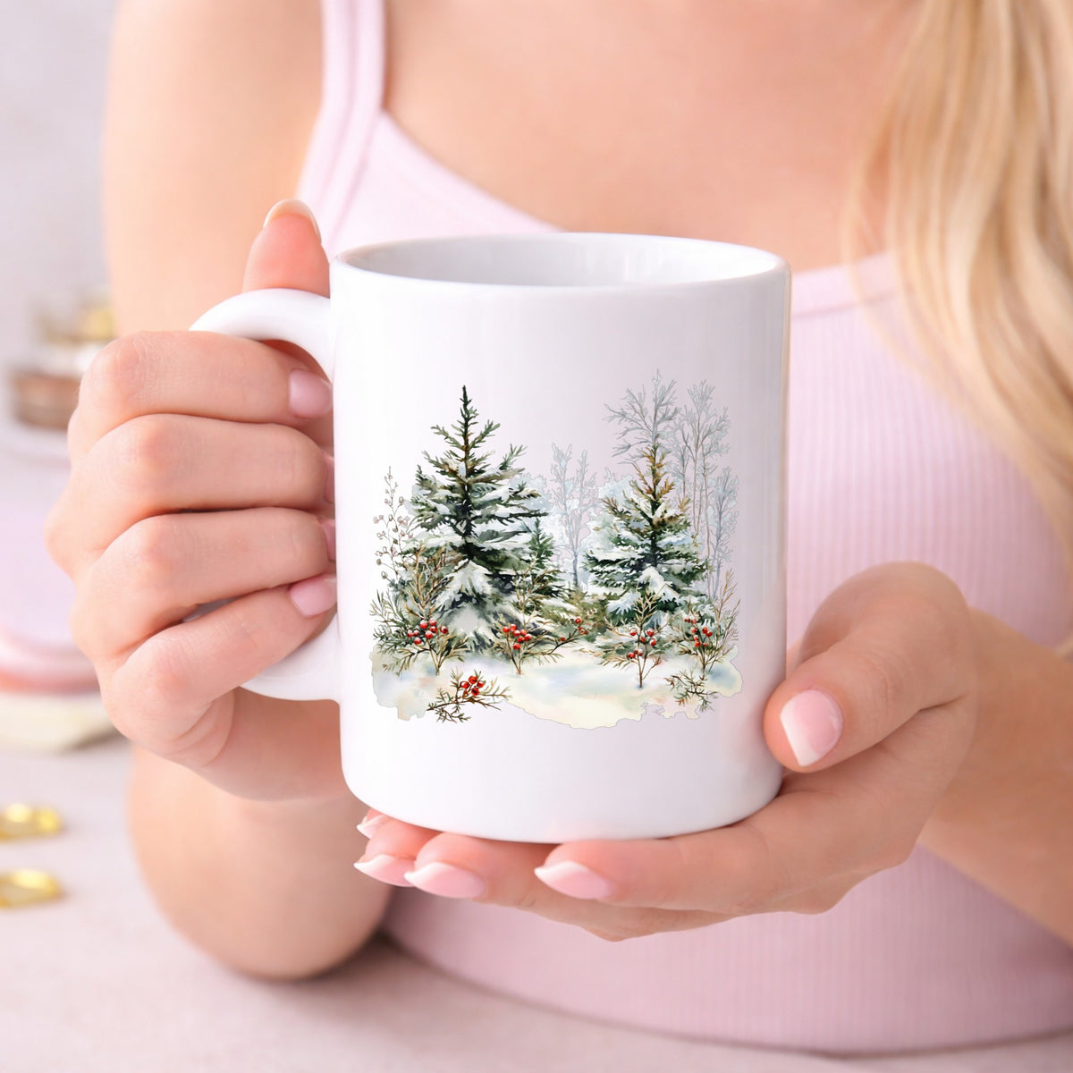 Winter Pine Trees With Berries UV DTF sticker displayed on a white coffee mug