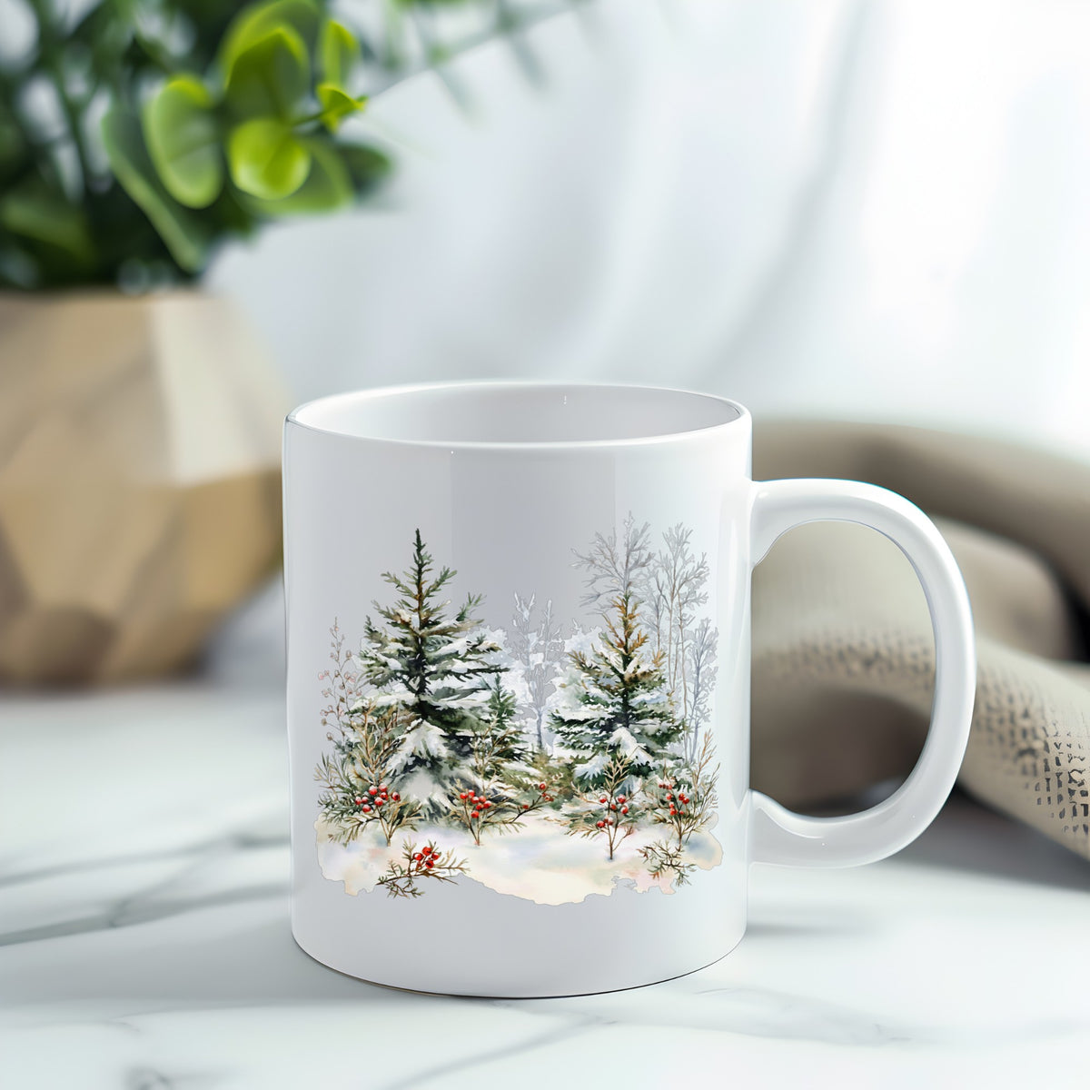 Winter Pine Trees With Berries UV DTF sticker applied to a white coffee mug