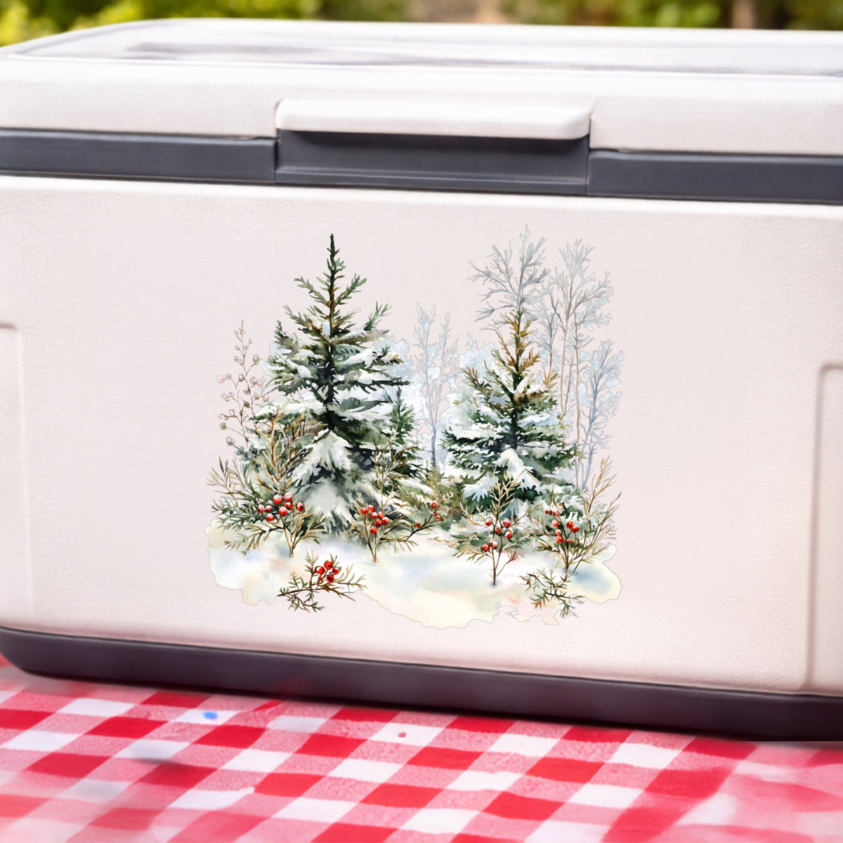 Winter Pine Trees With Berries UV DTF sticker applied to a white cooler