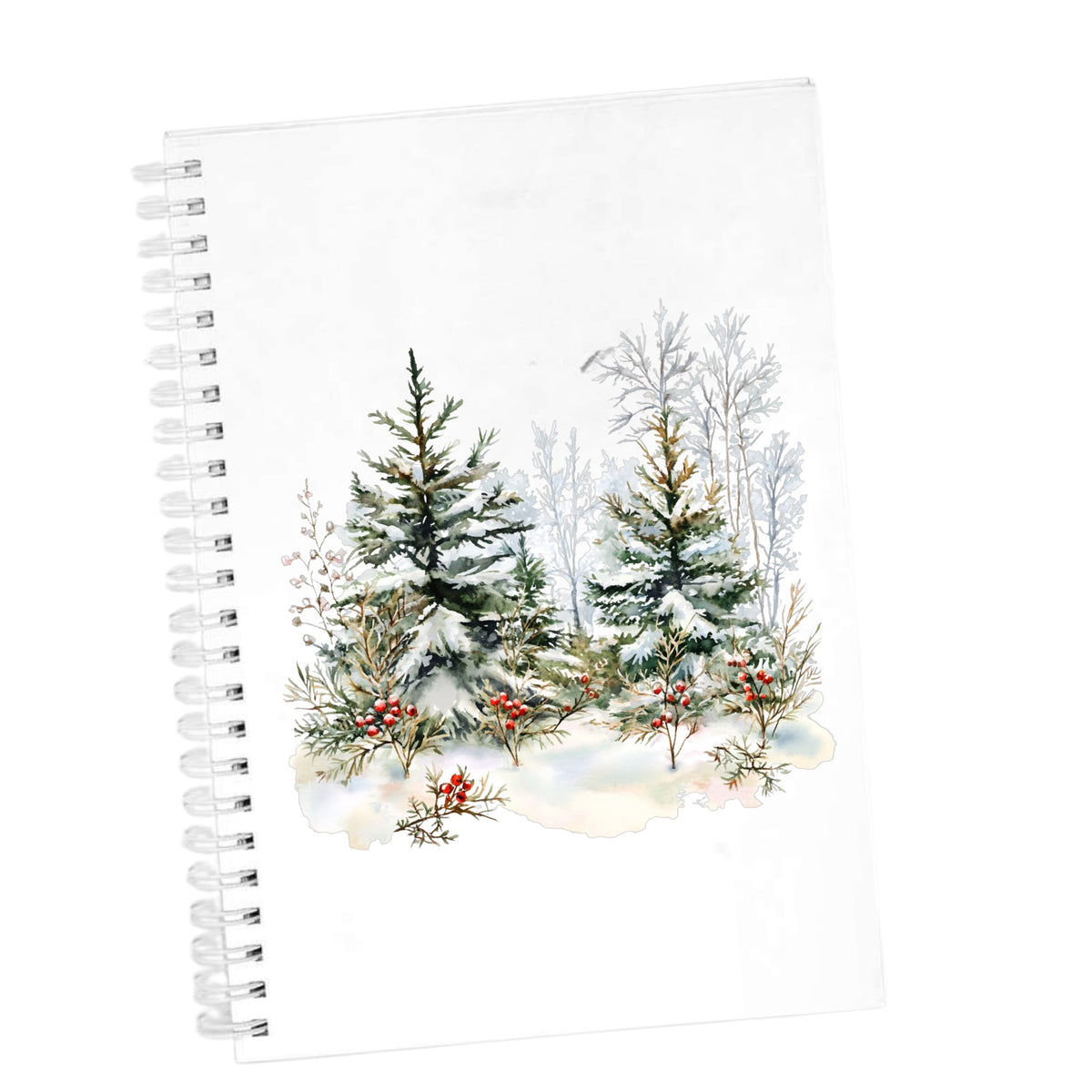 Winter Pine Trees With Berries UV DTF sticker applied to a white journal