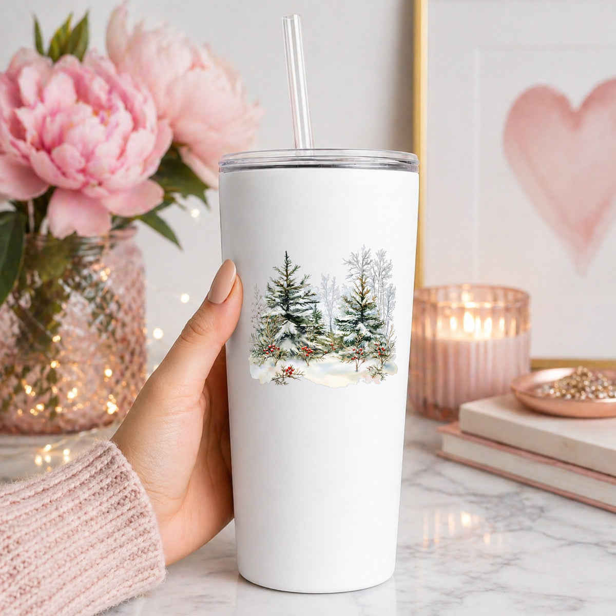 Winter Pine Trees With Berries UV DTF sticker applied to a white tumbler