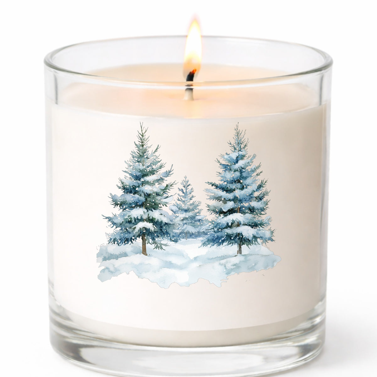 Two Blue Spruce Trees UV DTF sticker applied to a candle jar
