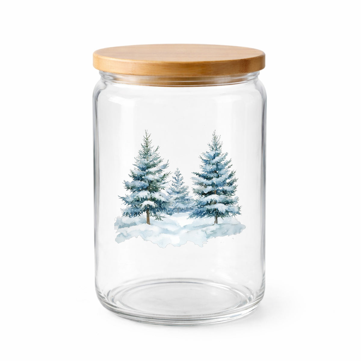 Two Blue Spruce Trees UV DTF sticker applied to a clear glass jar with lid