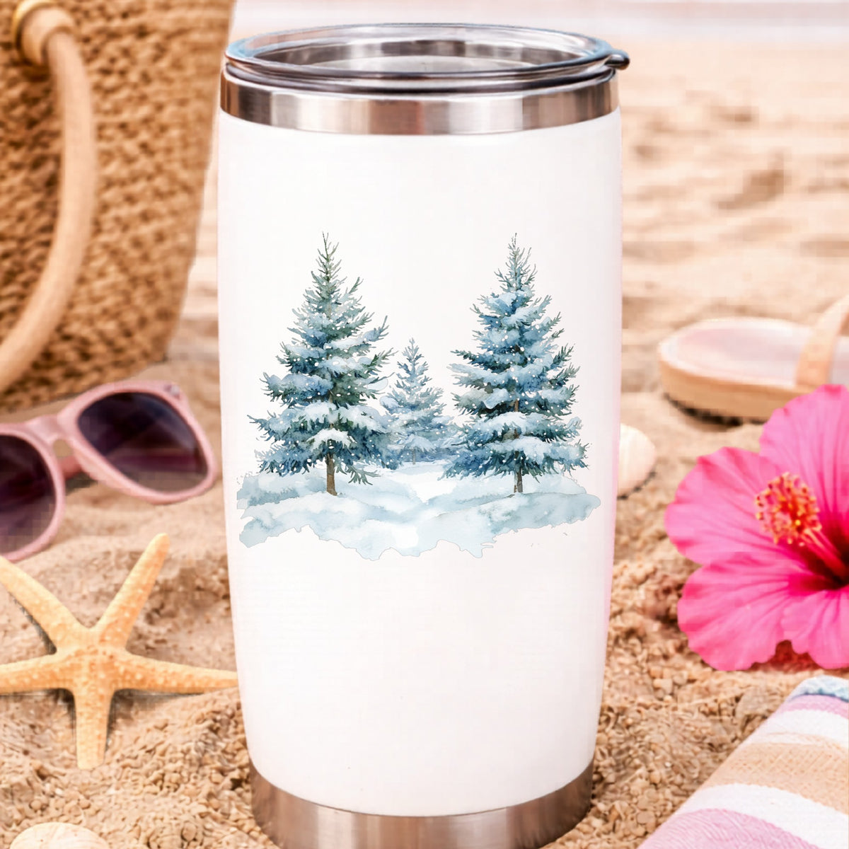 Two Blue Spruce Trees UV DTF sticker applied to a water bottle at the beach