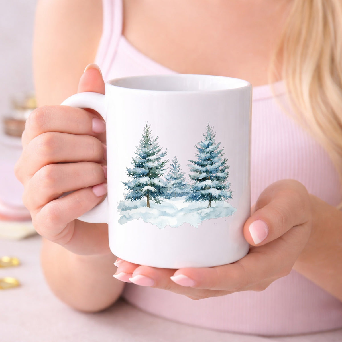 Two Blue Spruce Trees UV DTF sticker displayed on a white coffee mug