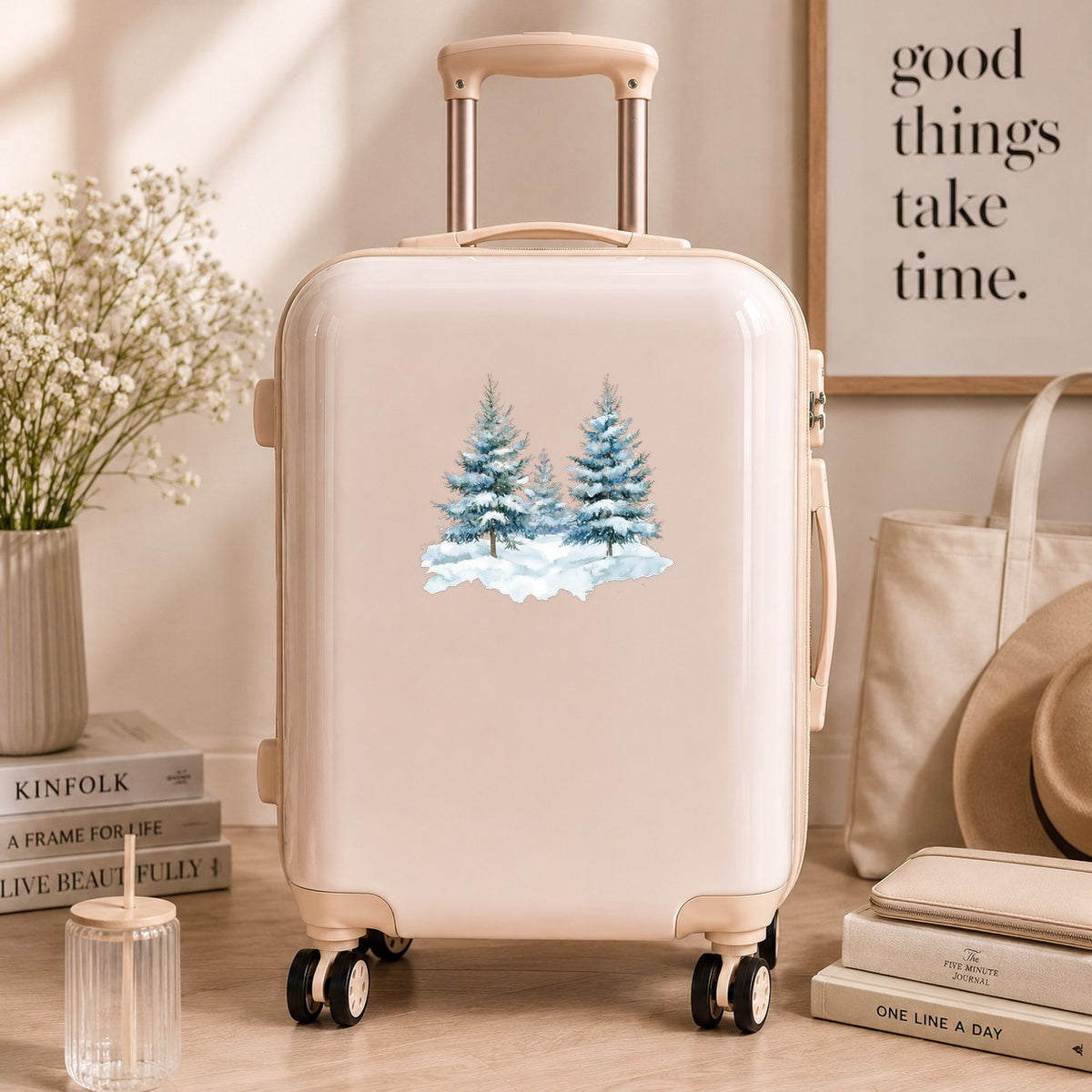 Two Blue Spruce Trees UV DTF sticker applied to a neutral suitcase