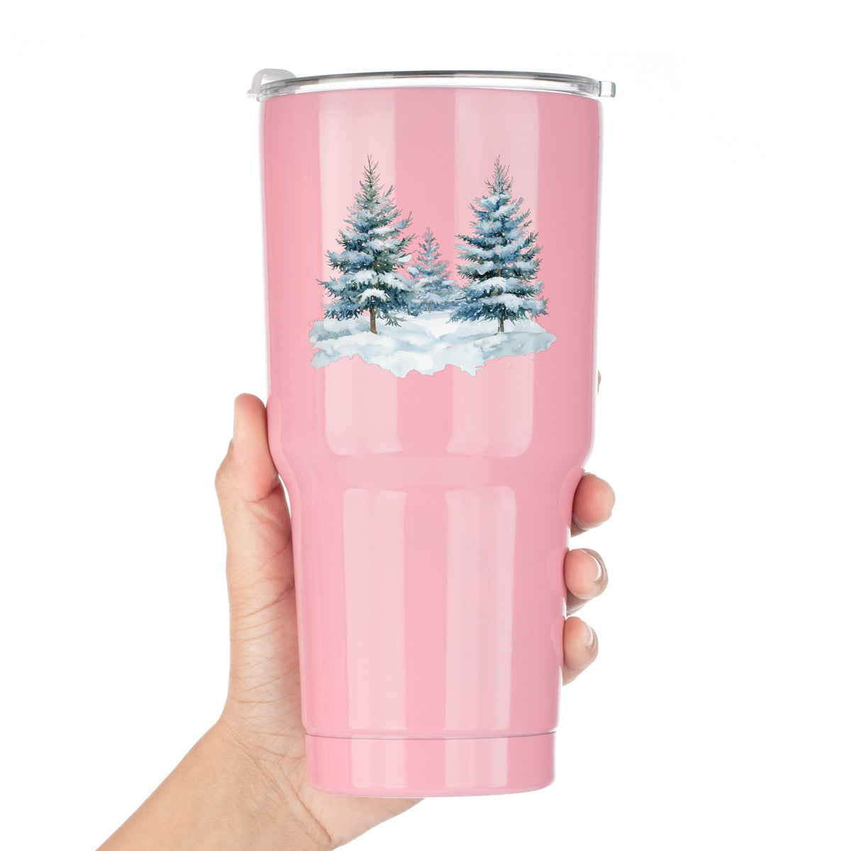 Two Blue Spruce Trees UV DTF sticker applied to a pink tumbler